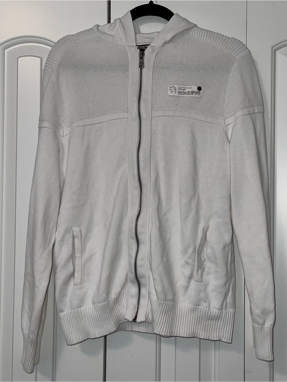 Express Men’s White Zip-Up Hooded Sweater